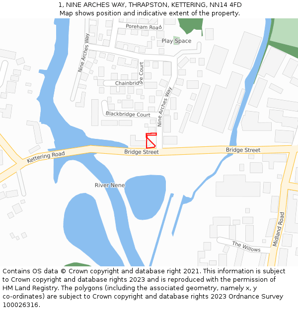 1, NINE ARCHES WAY, THRAPSTON, KETTERING, NN14 4FD: Location map and indicative extent of plot