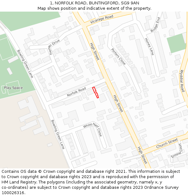 1, NORFOLK ROAD, BUNTINGFORD, SG9 9AN: Location map and indicative extent of plot
