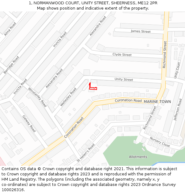 1, NORMANWOOD COURT, UNITY STREET, SHEERNESS, ME12 2PR: Location map and indicative extent of plot