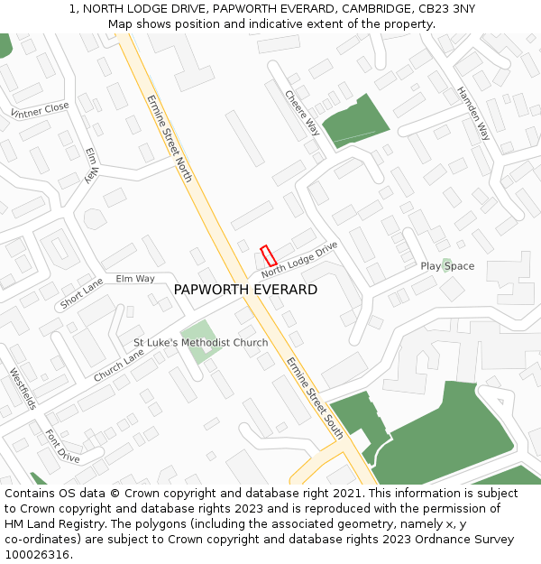 1, NORTH LODGE DRIVE, PAPWORTH EVERARD, CAMBRIDGE, CB23 3NY: Location map and indicative extent of plot