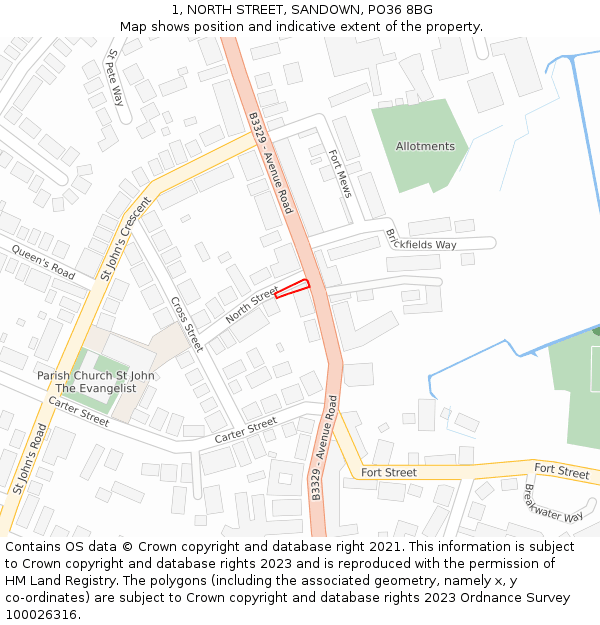 1, NORTH STREET, SANDOWN, PO36 8BG: Location map and indicative extent of plot