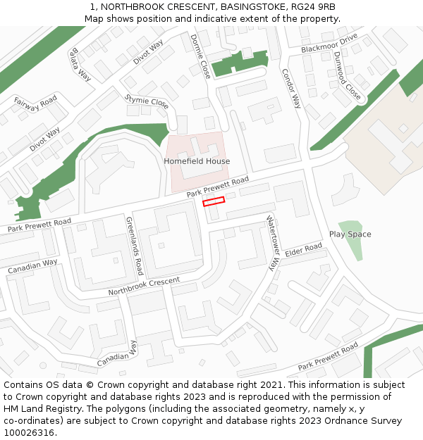 1, NORTHBROOK CRESCENT, BASINGSTOKE, RG24 9RB: Location map and indicative extent of plot