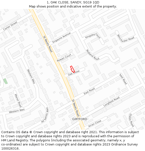 1, OAK CLOSE, SANDY, SG19 1QD: Location map and indicative extent of plot