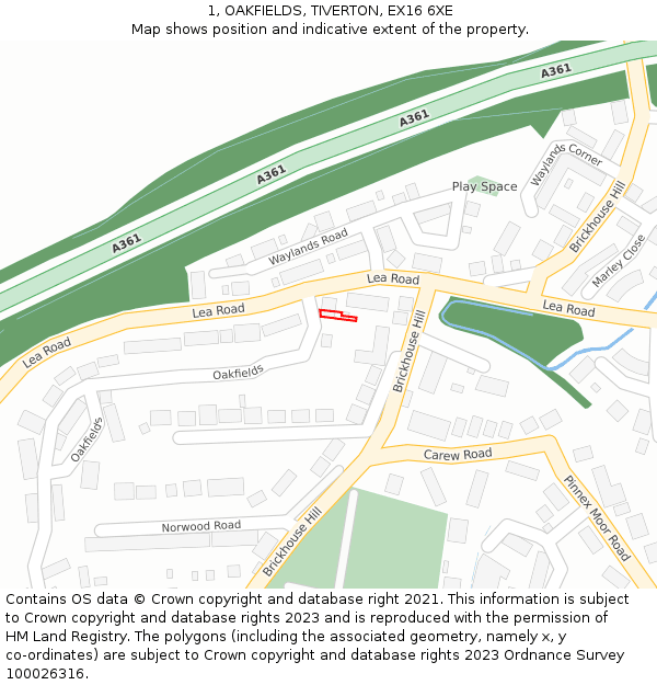 1, OAKFIELDS, TIVERTON, EX16 6XE: Location map and indicative extent of plot