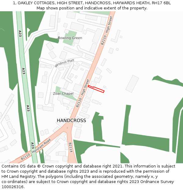 1, OAKLEY COTTAGES, HIGH STREET, HANDCROSS, HAYWARDS HEATH, RH17 6BL: Location map and indicative extent of plot