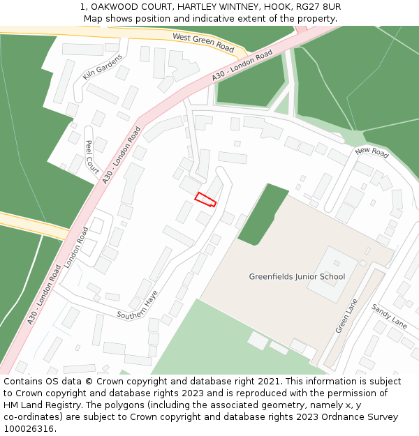 1, OAKWOOD COURT, HARTLEY WINTNEY, HOOK, RG27 8UR: Location map and indicative extent of plot