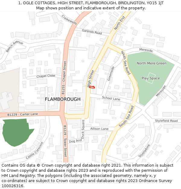 1, OGLE COTTAGES, HIGH STREET, FLAMBOROUGH, BRIDLINGTON, YO15 1JT: Location map and indicative extent of plot