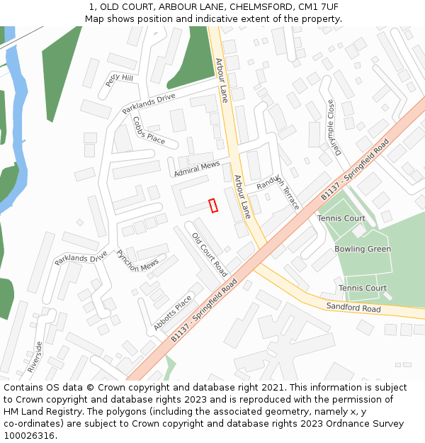 1, OLD COURT, ARBOUR LANE, CHELMSFORD, CM1 7UF: Location map and indicative extent of plot