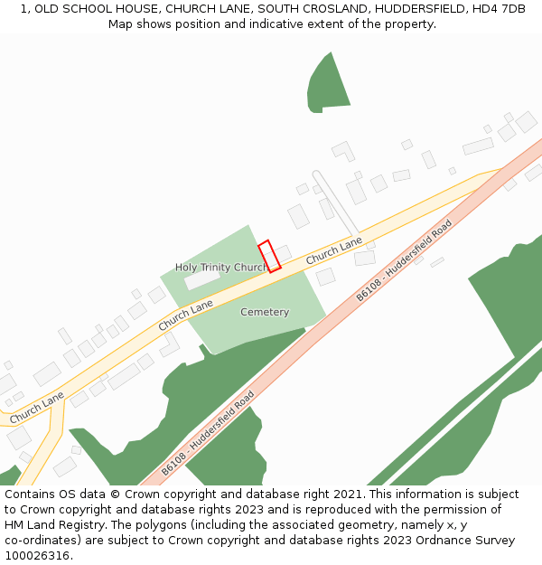1, OLD SCHOOL HOUSE, CHURCH LANE, SOUTH CROSLAND, HUDDERSFIELD, HD4 7DB: Location map and indicative extent of plot