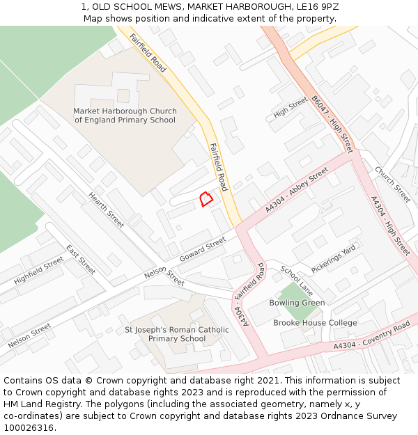 1, OLD SCHOOL MEWS, MARKET HARBOROUGH, LE16 9PZ: Location map and indicative extent of plot