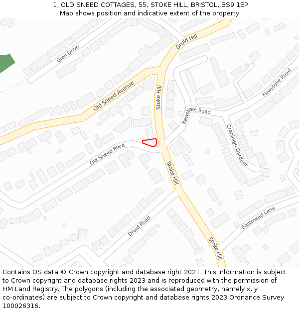 1, OLD SNEED COTTAGES, 55, STOKE HILL, BRISTOL, BS9 1EP: Location map and indicative extent of plot