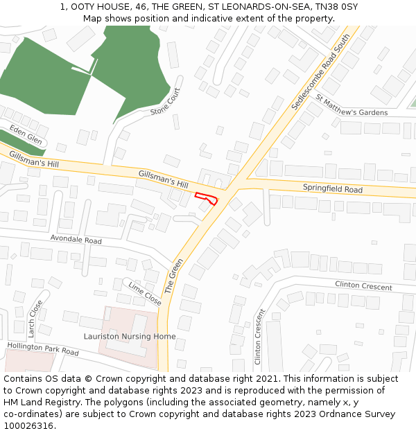 1, OOTY HOUSE, 46, THE GREEN, ST LEONARDS-ON-SEA, TN38 0SY: Location map and indicative extent of plot