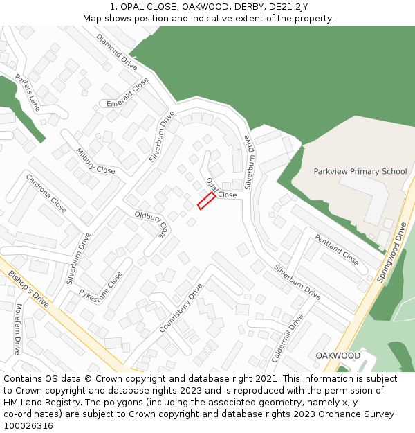 1, OPAL CLOSE, OAKWOOD, DERBY, DE21 2JY: Location map and indicative extent of plot