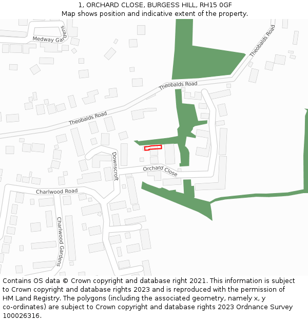 1, ORCHARD CLOSE, BURGESS HILL, RH15 0GF: Location map and indicative extent of plot