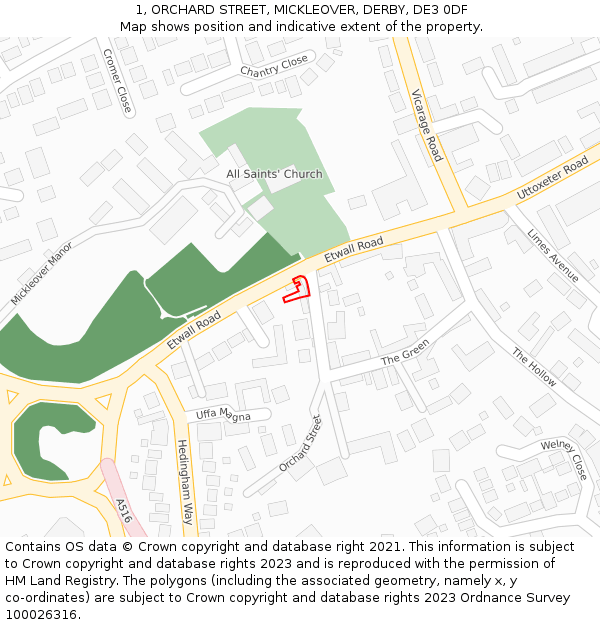 1, ORCHARD STREET, MICKLEOVER, DERBY, DE3 0DF: Location map and indicative extent of plot
