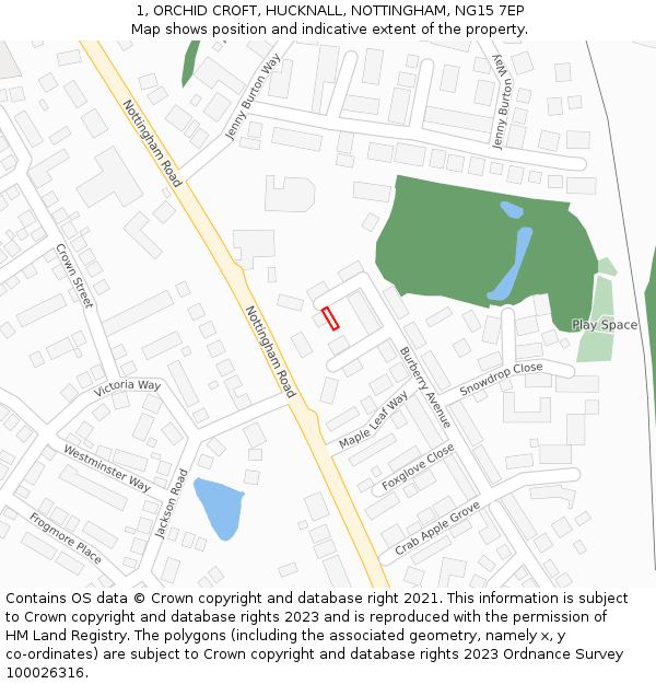 1, ORCHID CROFT, HUCKNALL, NOTTINGHAM, NG15 7EP: Location map and indicative extent of plot