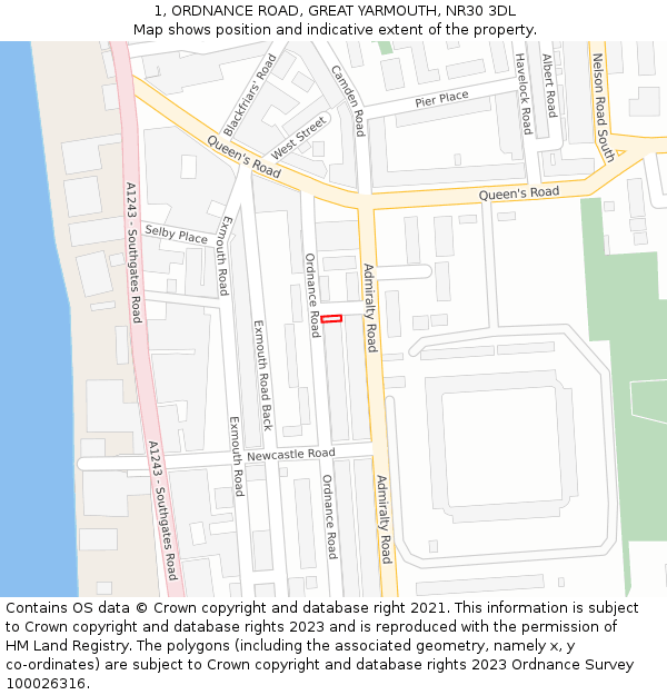 1, ORDNANCE ROAD, GREAT YARMOUTH, NR30 3DL: Location map and indicative extent of plot