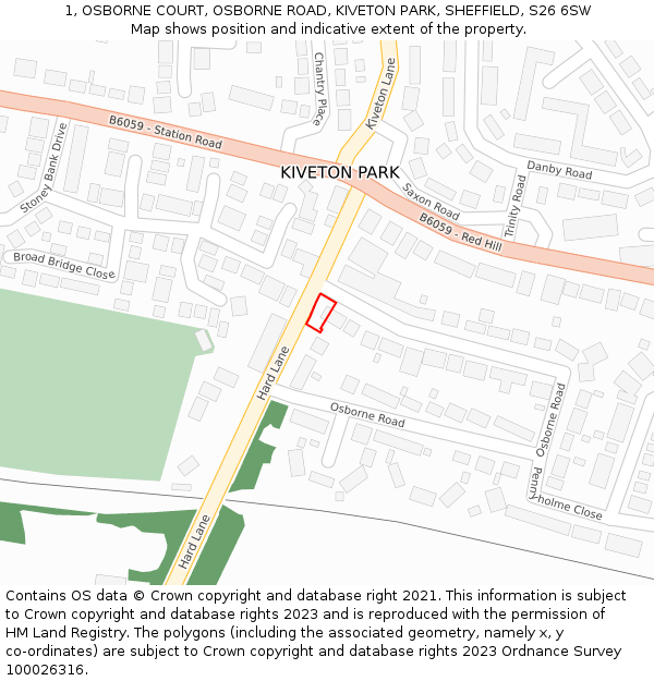 1, OSBORNE COURT, OSBORNE ROAD, KIVETON PARK, SHEFFIELD, S26 6SW: Location map and indicative extent of plot