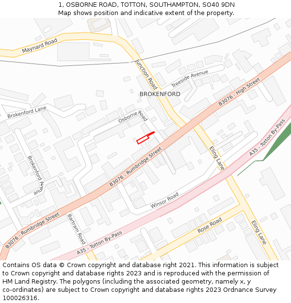 1, OSBORNE ROAD, TOTTON, SOUTHAMPTON, SO40 9DN: Location map and indicative extent of plot