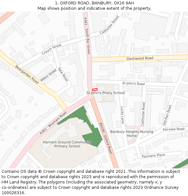 1, OXFORD ROAD, BANBURY, OX16 9AH: Location map and indicative extent of plot