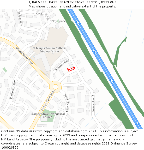 1, PALMERS LEAZE, BRADLEY STOKE, BRISTOL, BS32 0HE: Location map and indicative extent of plot