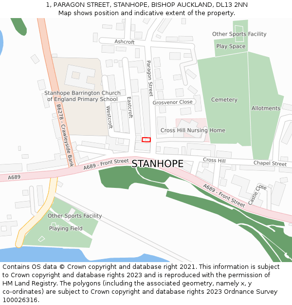 1, PARAGON STREET, STANHOPE, BISHOP AUCKLAND, DL13 2NN: Location map and indicative extent of plot