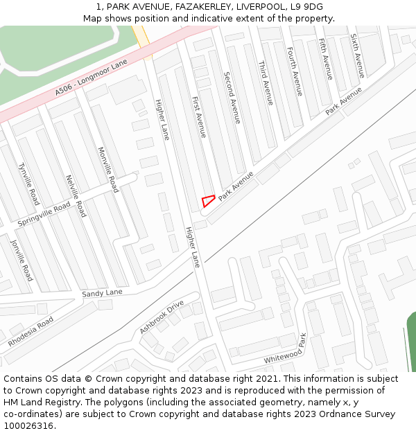 1, PARK AVENUE, FAZAKERLEY, LIVERPOOL, L9 9DG: Location map and indicative extent of plot