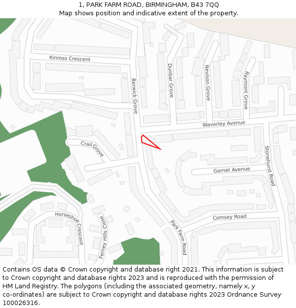 1, PARK FARM ROAD, BIRMINGHAM, B43 7QQ: Location map and indicative extent of plot
