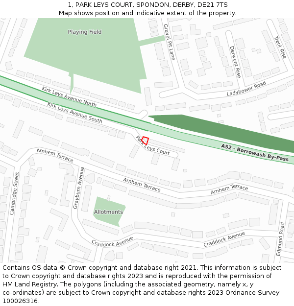 1, PARK LEYS COURT, SPONDON, DERBY, DE21 7TS: Location map and indicative extent of plot