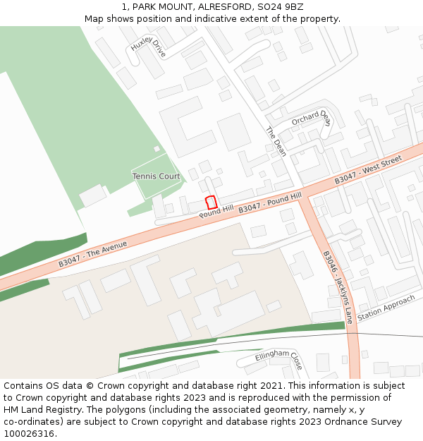 1, PARK MOUNT, ALRESFORD, SO24 9BZ: Location map and indicative extent of plot