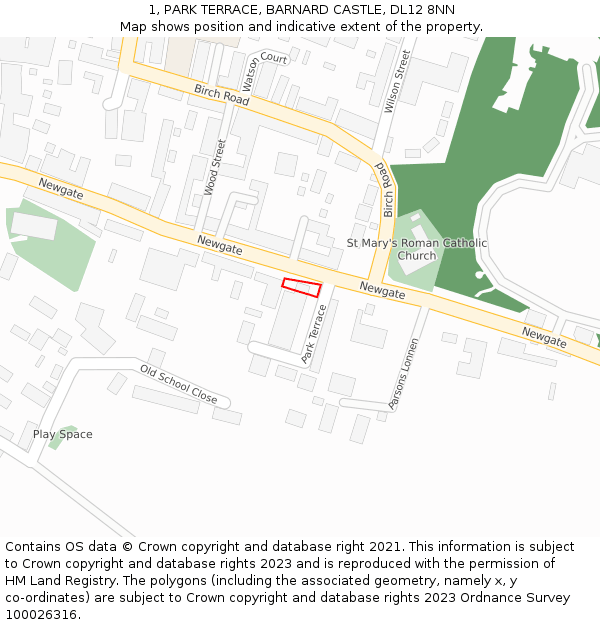 1, PARK TERRACE, BARNARD CASTLE, DL12 8NN: Location map and indicative extent of plot