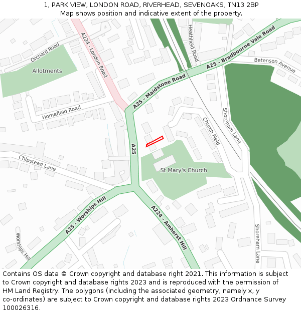 1, PARK VIEW, LONDON ROAD, RIVERHEAD, SEVENOAKS, TN13 2BP: Location map and indicative extent of plot