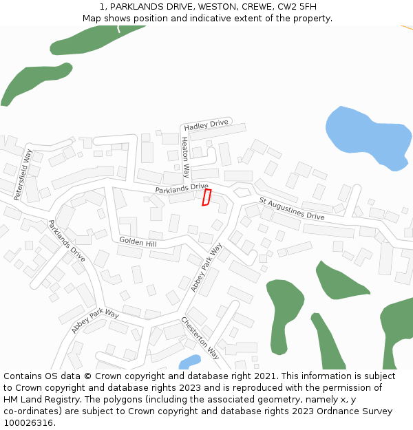 1, PARKLANDS DRIVE, WESTON, CREWE, CW2 5FH: Location map and indicative extent of plot