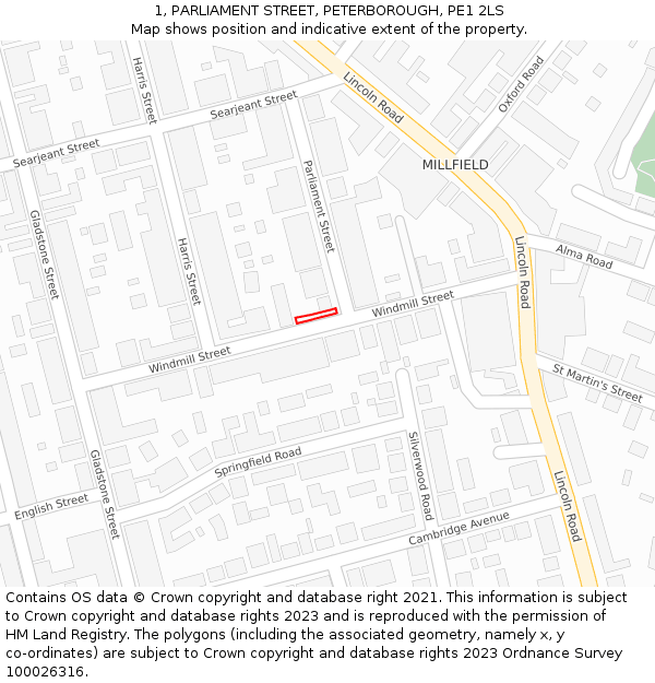 1, PARLIAMENT STREET, PETERBOROUGH, PE1 2LS: Location map and indicative extent of plot