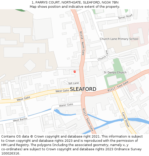 1, PARRYS COURT, NORTHGATE, SLEAFORD, NG34 7BN: Location map and indicative extent of plot