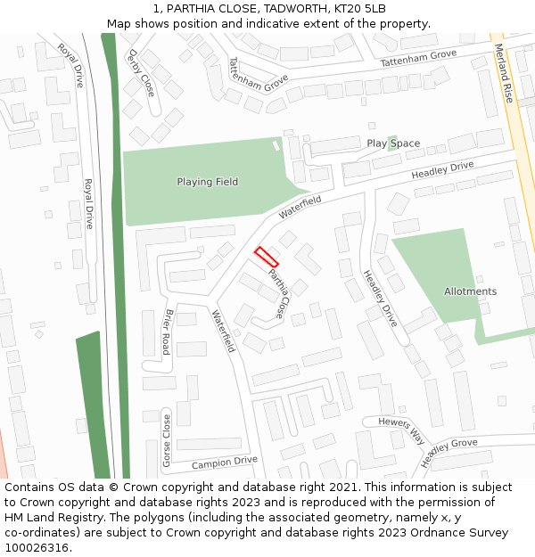 1, PARTHIA CLOSE, TADWORTH, KT20 5LB: Location map and indicative extent of plot