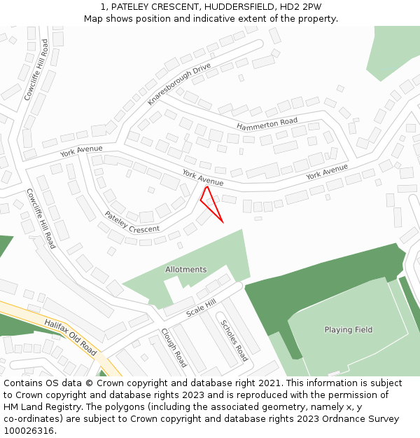 1, PATELEY CRESCENT, HUDDERSFIELD, HD2 2PW: Location map and indicative extent of plot