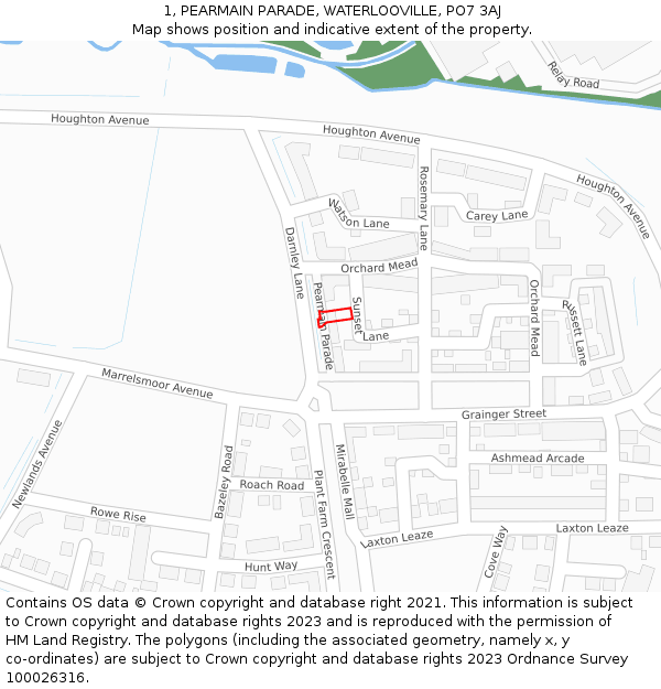 1, PEARMAIN PARADE, WATERLOOVILLE, PO7 3AJ: Location map and indicative extent of plot