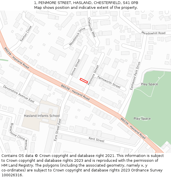 1, PENMORE STREET, HASLAND, CHESTERFIELD, S41 0PB: Location map and indicative extent of plot
