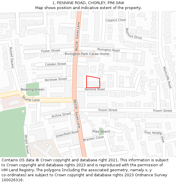 1, PENNINE ROAD, CHORLEY, PR6 0AW: Location map and indicative extent of plot