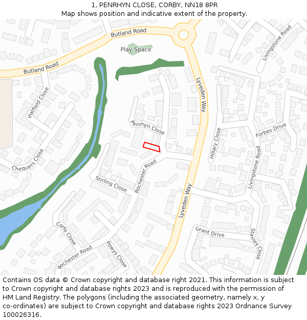1, PENRHYN CLOSE, CORBY, NN18 8PR: Location map and indicative extent of plot