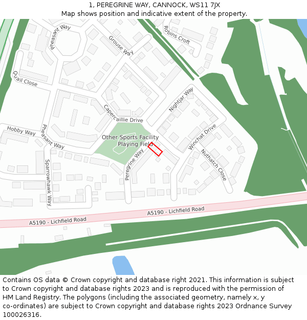 1, PEREGRINE WAY, CANNOCK, WS11 7JX: Location map and indicative extent of plot