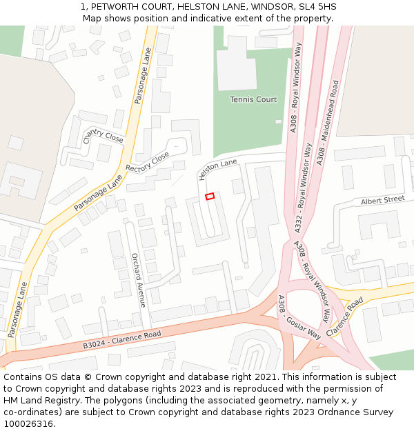 1, PETWORTH COURT, HELSTON LANE, WINDSOR, SL4 5HS: Location map and indicative extent of plot