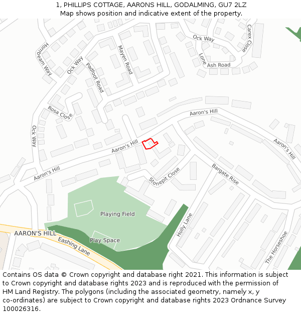 1, PHILLIPS COTTAGE, AARONS HILL, GODALMING, GU7 2LZ: Location map and indicative extent of plot