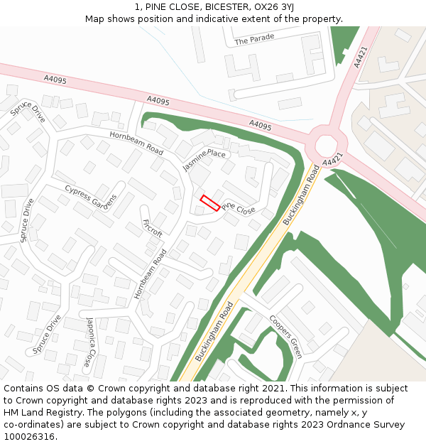 1, PINE CLOSE, BICESTER, OX26 3YJ: Location map and indicative extent of plot