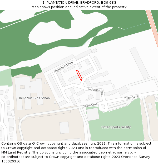 1, PLANTATION DRIVE, BRADFORD, BD9 6SG: Location map and indicative extent of plot