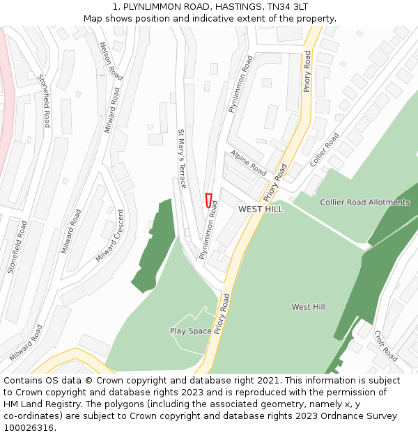 1, PLYNLIMMON ROAD, HASTINGS, TN34 3LT: Location map and indicative extent of plot