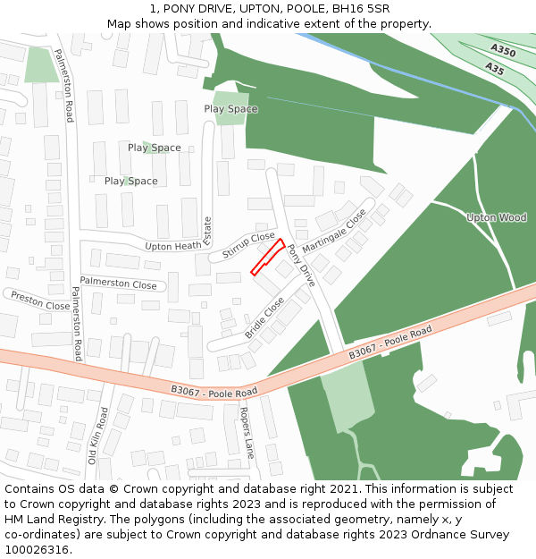 1, PONY DRIVE, UPTON, POOLE, BH16 5SR: Location map and indicative extent of plot