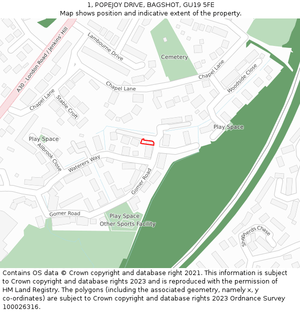 1, POPEJOY DRIVE, BAGSHOT, GU19 5FE: Location map and indicative extent of plot
