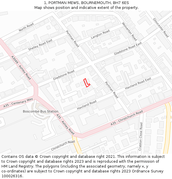 1, PORTMAN MEWS, BOURNEMOUTH, BH7 6ES: Location map and indicative extent of plot